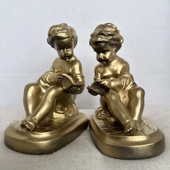 Vintage Pair faux Brass Bookends Boy Reading a Book~Gold Art Deco Decor~Cherubs - Picture 3 of 10